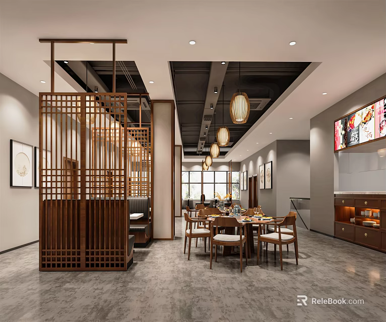 Modern Restaurant Interior With Wooden Lattice Pendant Lights Dining Tables And Chairs 3d model 
