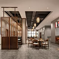 Modern Restaurant Interior With Wooden Lattice Pendant Lights Dining Tables And Chairs