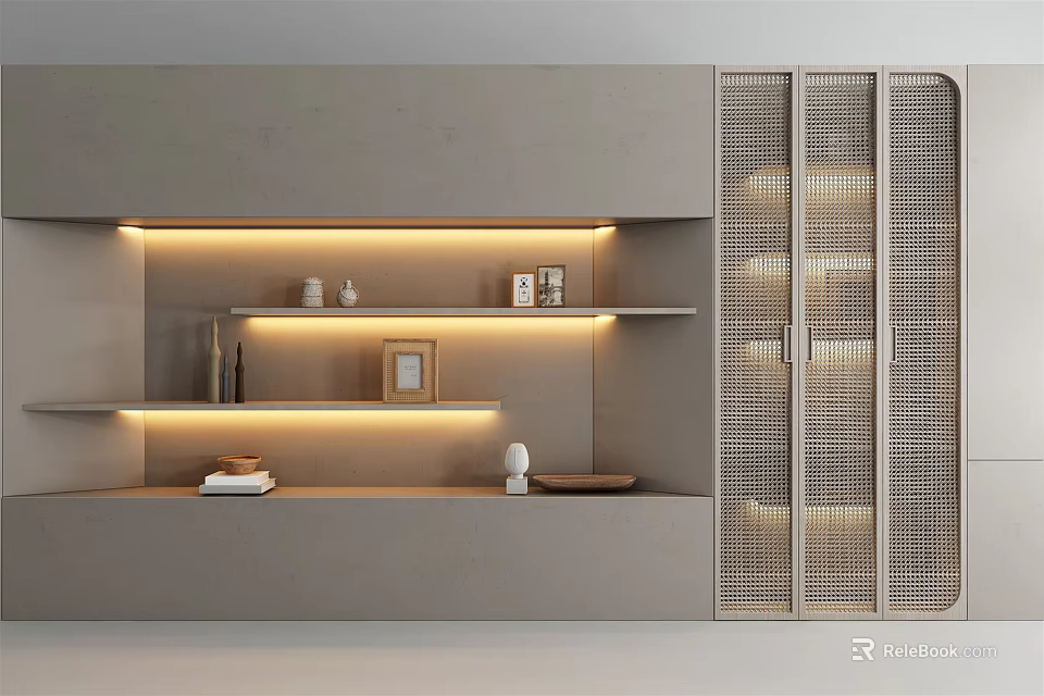 Modern Gray Decorative Cabinet Featuring Layered Shelves LED Lighting and Grid Doors Showcasing Decorative Items 3d model 