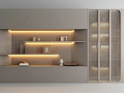 Modern Gray Decorative Cabinet Featuring Layered Shelves LED Lighting and Grid Doors Showcasing Decorative Items 3d model