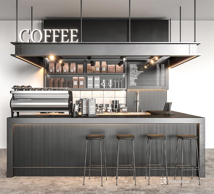 Modern Café Interior Design With Coffee Machine Bar Counter Shelves With Jars And Bar Stools 3d model 