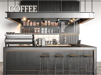 Modern Café Interior Design With Coffee Machine Bar Counter Shelves With Jars And Bar Stools 3d model