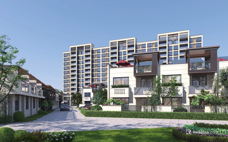 Modern Townhouse Community With Landscaped Gardens Balconies And Nearby High Rise Apartments 3d model 