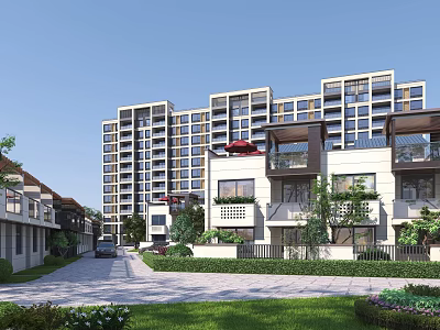Modern Townhouse Community With Landscaped Gardens Balconies And Nearby High Rise Apartments 3d model