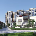 Modern Townhouse Community With Landscaped Gardens Balconies And Nearby High Rise Apartments