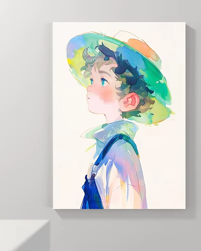 Watercolor Landscape Painting With Boy In Colorful Hat And Overalls On Light Background 3d model