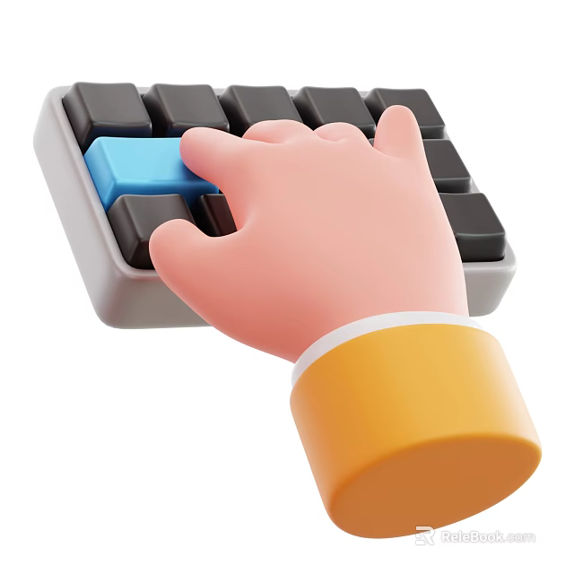 Computer Keyboard With Hand Pressing Blue Key Black White Design And Yellow Cuff 3d model 