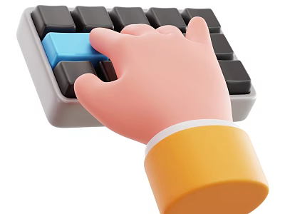 Computer Keyboard With Hand Pressing Blue Key Black White Design And Yellow Cuff 3d model