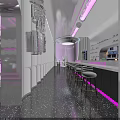 Purple Indoor Space With Circular Starry Sky Ceiling Curved Walls Shiny Black Floor And Sculpture