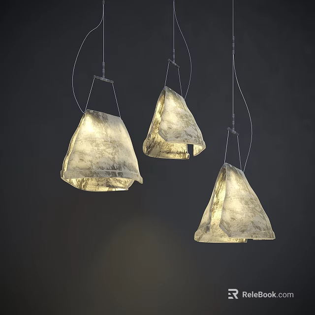 Three Modern Hanging Chandeliers With Textured Fabric Cone Shape And Warm Light 3d model