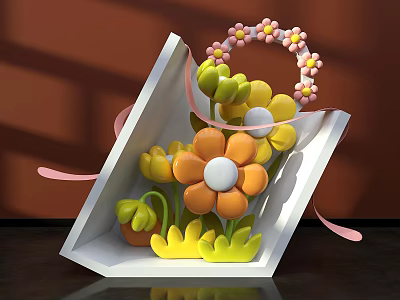 Decorative Floral Display in White Triangular Box with Colorful Flowers Pink Ribbons and Flower Handle 3d model