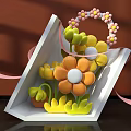 Decorative Floral Display in White Triangular Box with Colorful Flowers Pink Ribbons and Flower Handle