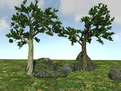 Tall Trees Standing on Green Grass with Mossy Rocks and Blue Sky 3d model