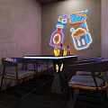 Modern Bar Interior With Neon Sign Purple Sofa And Wine Bottles On Shelves