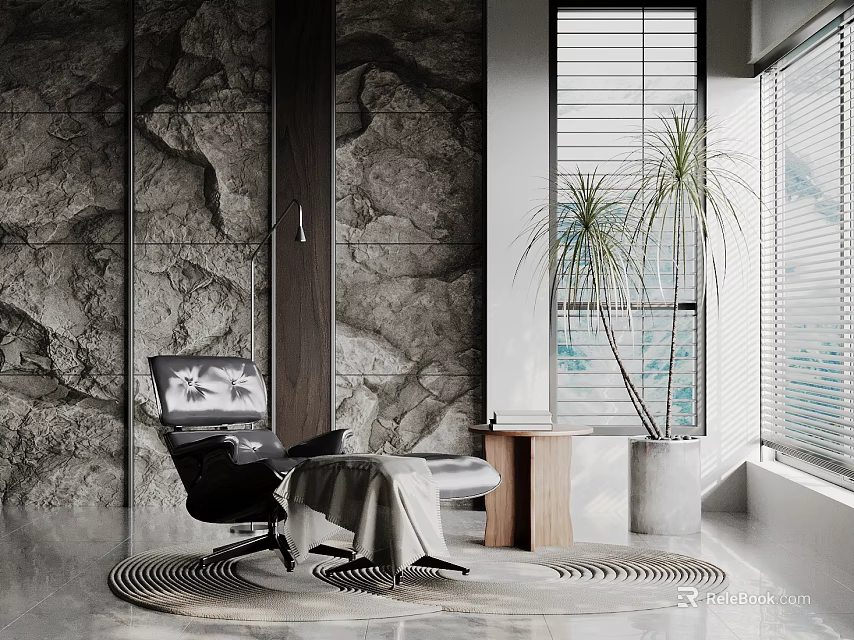 Modern Accent Chair With Rock Wall Side Table Potted Plant Window Blinds And Circular Rug 3d model 