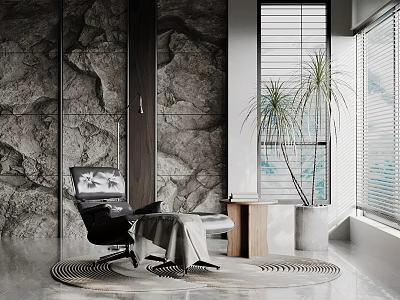 Modern Accent Chair With Rock Wall Side Table Potted Plant Window Blinds And Circular Rug 3d model