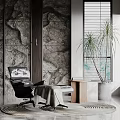Modern Accent Chair With Rock Wall Side Table Potted Plant Window Blinds And Circular Rug