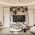 Banquet Hall Featuring Circular Ceiling Chandelier Arched Window Trees View Beige Sofa Round Coffee Table