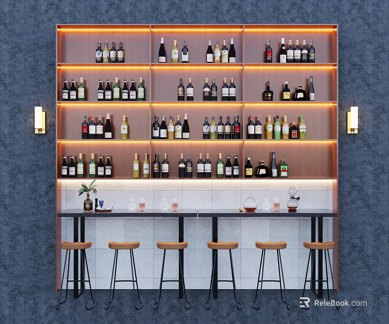 Modern Wine Cabinet with Multiple Shelves Various Wine Bottles Bar Counter Stools and Warm Lighting 3d model 