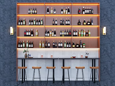 Modern Wine Cabinet with Multiple Shelves Various Wine Bottles Bar Counter Stools and Warm Lighting 3d model