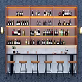 Modern Wine Cabinet with Multiple Shelves Various Wine Bottles Bar Counter Stools and Warm Lighting