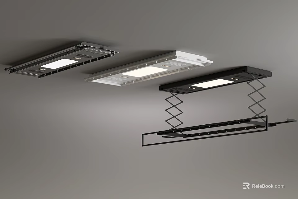 Modern Ceiling Mounted Retractable Clothes Drying Racks With LED Lights And Metal Structures 3d model 