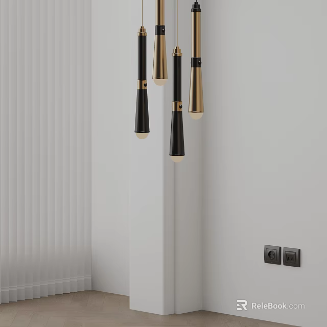 Black and Gold Pendant Lights Hanging In Minimalist White Room With Blinds 3d model 