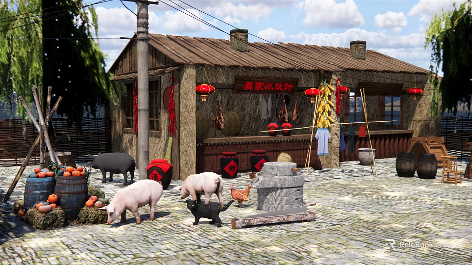 Country Farmyard Courtyard With Wooden House Red Lanterns Pigs Chicken Stone Mill And Stone Path 3d model 