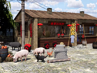 Country Farmyard Courtyard With Wooden House Red Lanterns Pigs Chicken Stone Mill And Stone Path 3d model