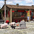 Country Farmyard Courtyard With Wooden House Red Lanterns Pigs Chicken Stone Mill And Stone Path