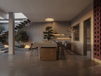 Modern Industrial Lounge With Counter Stools And Plants 3d model