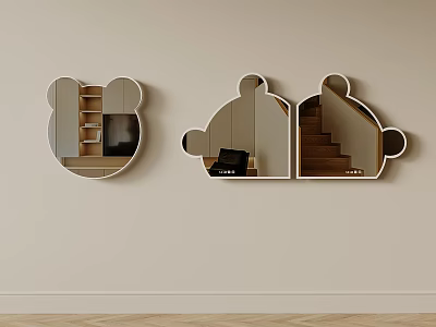 Two Mickey Mouse Head Shaped Mirrors Mounted On Wall Reflecting Staircase And Furniture 3d model