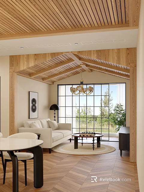 Dining and Living Room Interior Design With Wooden Ceiling Chandelier Large Windows Sofa And Plants 3d model 