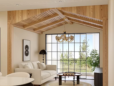 Dining and Living Room Interior Design With Wooden Ceiling Chandelier Large Windows Sofa And Plants 3d model