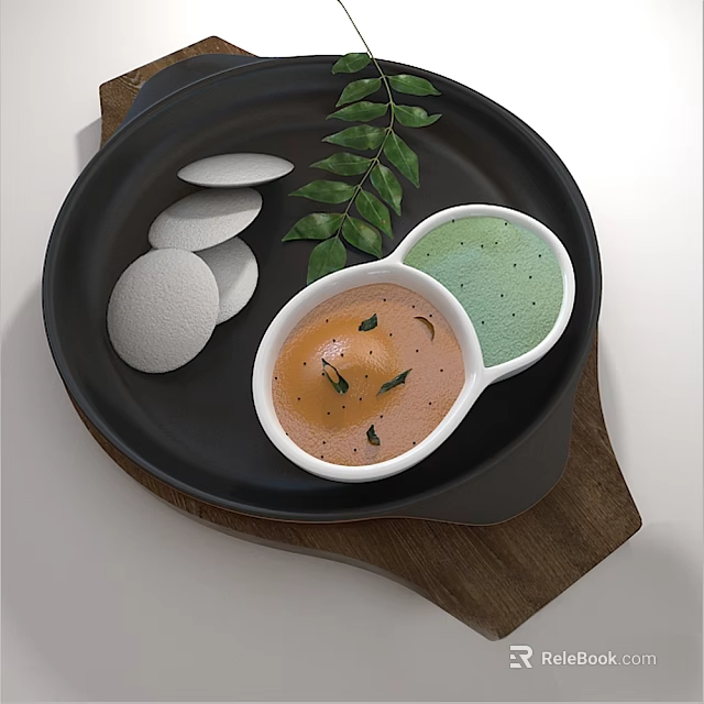 Tableware Set With Black Plate Two Bowls Orange Green Dips White Round Food And Leaves 3d model 