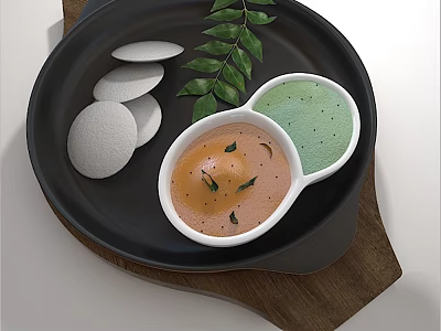Tableware Set With Black Plate Two Bowls Orange Green Dips White Round Food And Leaves 3d model