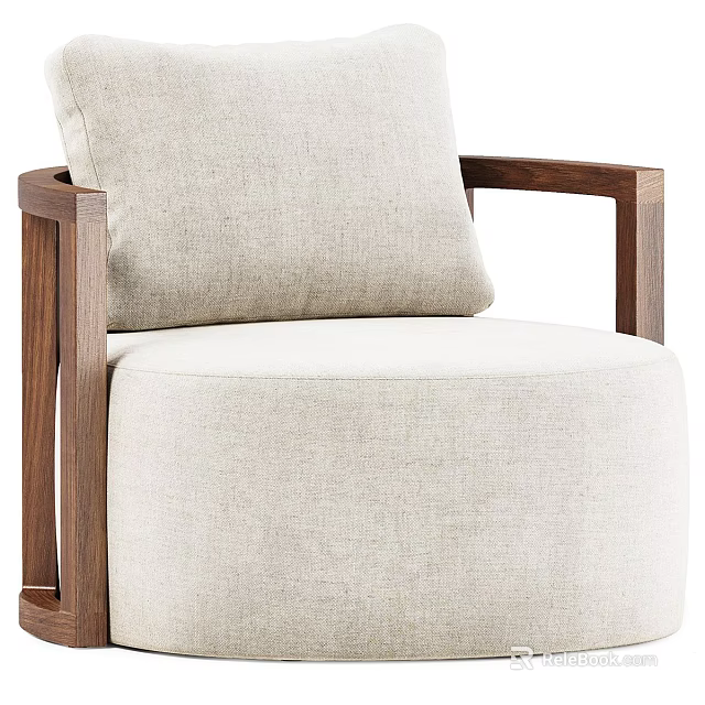 Beige Fabric Single Sofa With Wooden Armrests And Comfortable Cushion Design 3d model 