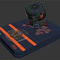 Metallic Robot With Dome Head On Blue Platform Featuring Orange Stripes And Dirt Pile