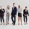 A group of business professionals in formal attire engaged in work activities