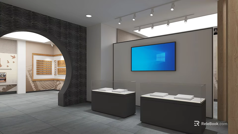 Modern Exhibition Hall Interior With Arched Decorative Wall Display Counters And Large Screen 3d model