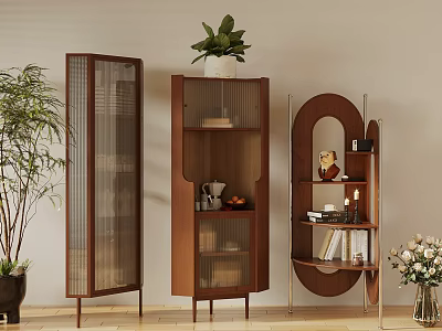 Three Stylish Modern Wooden Sideboards With Open Shelving Decorative Items And Green Plants 3d model