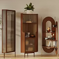 Three Stylish Modern Wooden Sideboards With Open Shelving Decorative Items And Green Plants