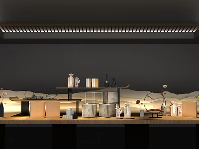Elegant Ceramic Vessels Display On Modern Shelves With Warm Lighting And Decorative Accents 3d model