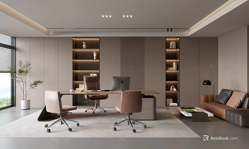 Modern Office Interior With Open Layout Wooden Bookshelves Desk Computer Office Chairs Sofa And Plant 3d model 