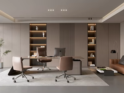 Modern Office Interior With Open Layout Wooden Bookshelves Desk Computer Office Chairs Sofa And Plant 3d model