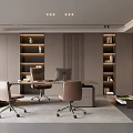 Modern Office Interior With Open Layout Wooden Bookshelves Desk Computer Office Chairs Sofa And Plant