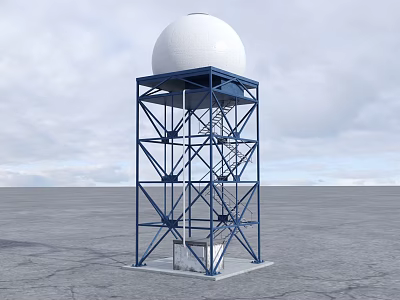 Military Weapon Radar Tower With White Spherical Dome Blue Metal Structure And Staircase 3d model