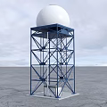 Military Weapon Radar Tower With White Spherical Dome Blue Metal Structure And Staircase