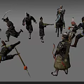 Ancient Soldier Figures in Various Action Poses with Traditional Weapons and Armor