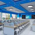 Bright Blue School Classroom with Desks Chairs Blackboard Windows and Ceiling Lighting 3d model